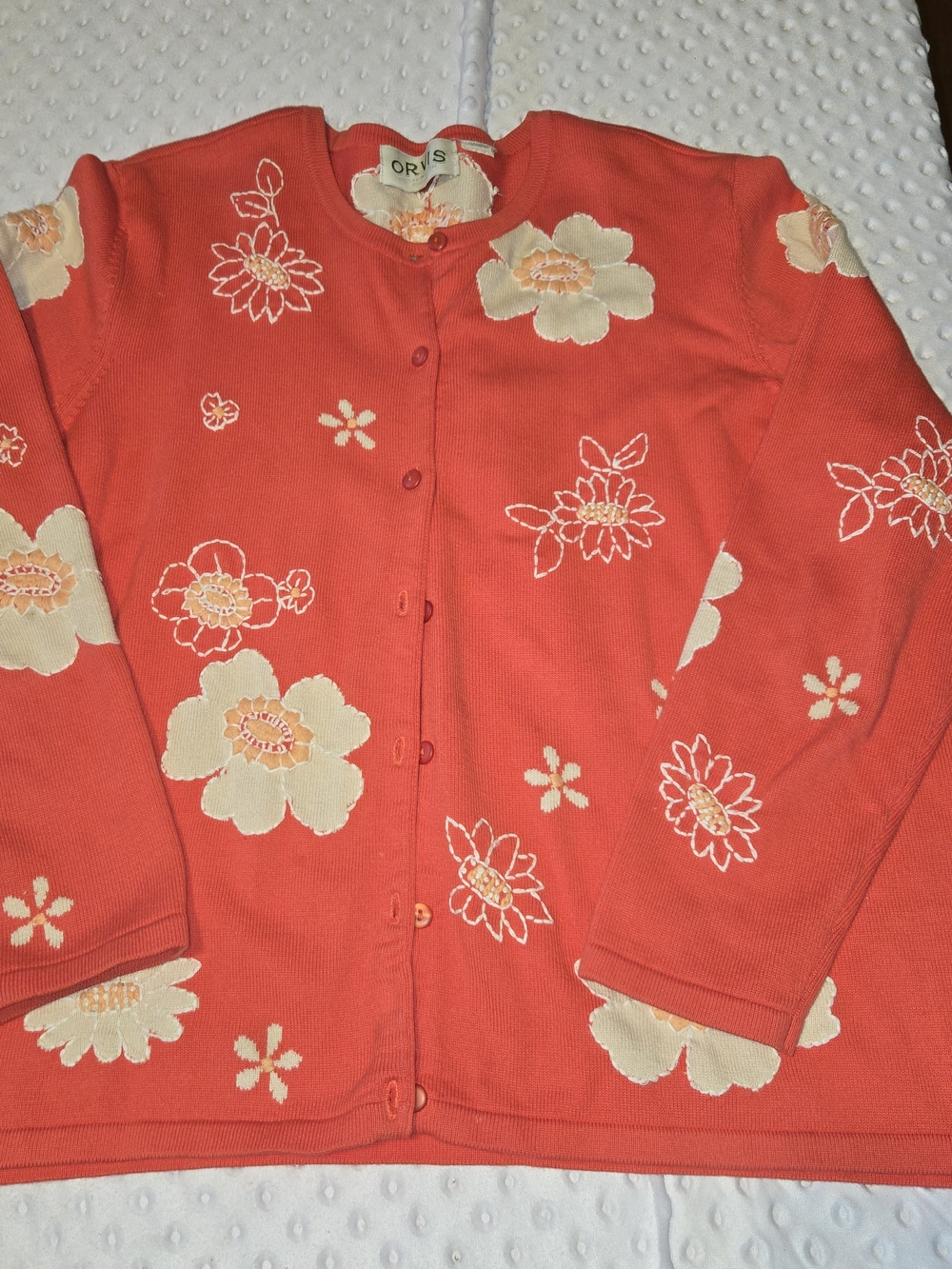 Vintage Orvis Women’s XL Coral Knit Sweater Cardigan Embroidered Flowers - Picture 2 of 5